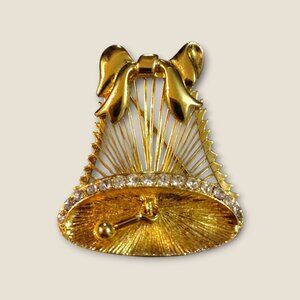 Monet Gold Bell Brooch With Rhinestones & Bow Design  Elegant Vintage Jewelry